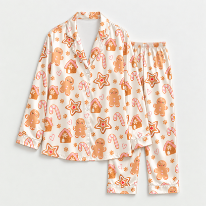 PJ-M2132-Gingerbread Christmas Satin Pajama Set with Gingerbread Houses Candy Canes Cookies Hearts and Festive Holiday Pattern