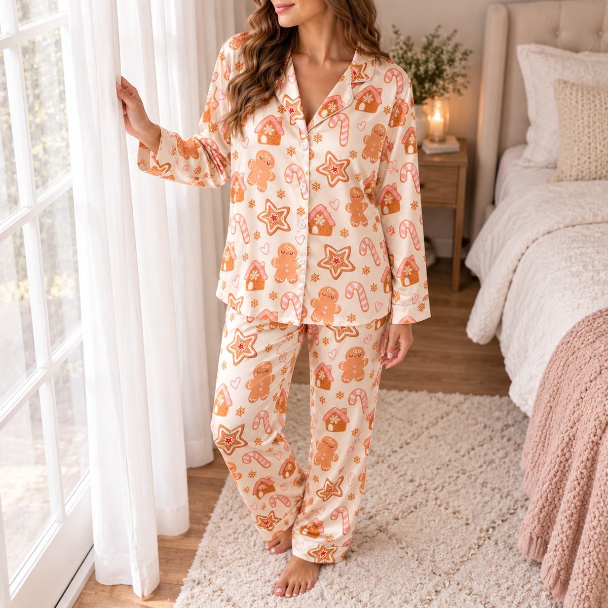 PJ-M2132-Gingerbread Christmas Satin Pajama Set with Gingerbread Houses Candy Canes Cookies Hearts and Festive Holiday Pattern