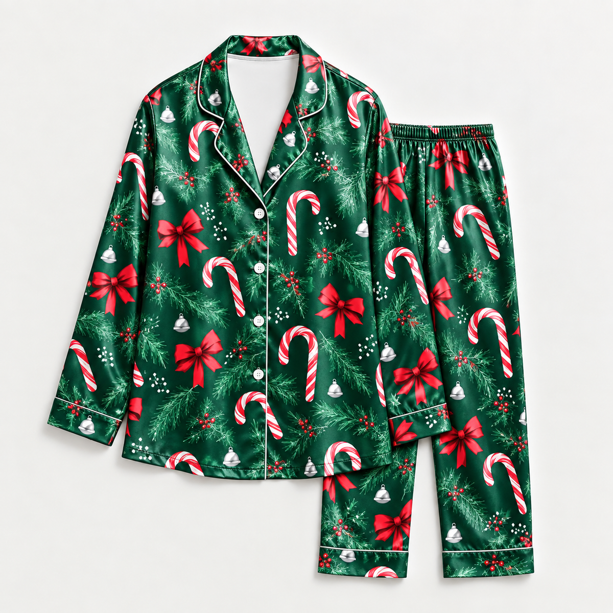 PJ-M2133-Christmas Satin Pajama Set with Candy Canes Red Bows Pine Greenery Holly Berries and Festive Holiday Pattern