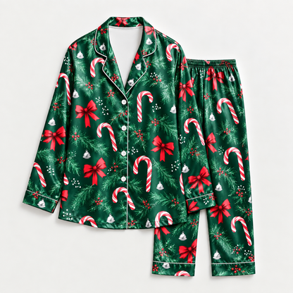PJ-M2133-Christmas Satin Pajama Set with Candy Canes Red Bows Pine Greenery Holly Berries and Festive Holiday Pattern