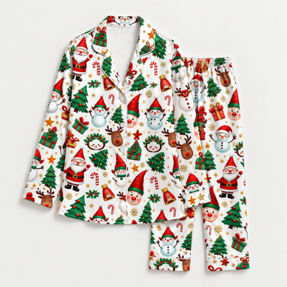 PJ-M2134-Christmas Satin Pajama Set with Santa Snowmen Reindeer Trees Gifts Candy Canes and Festive Holiday Pattern