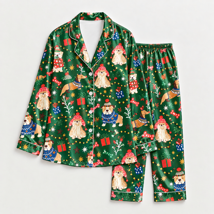 PJ-M2135-Christmas Dog Satin Pajama Set with Festive Sweater Dogs Gifts Stockings Snowflakes and Green Holiday Pattern