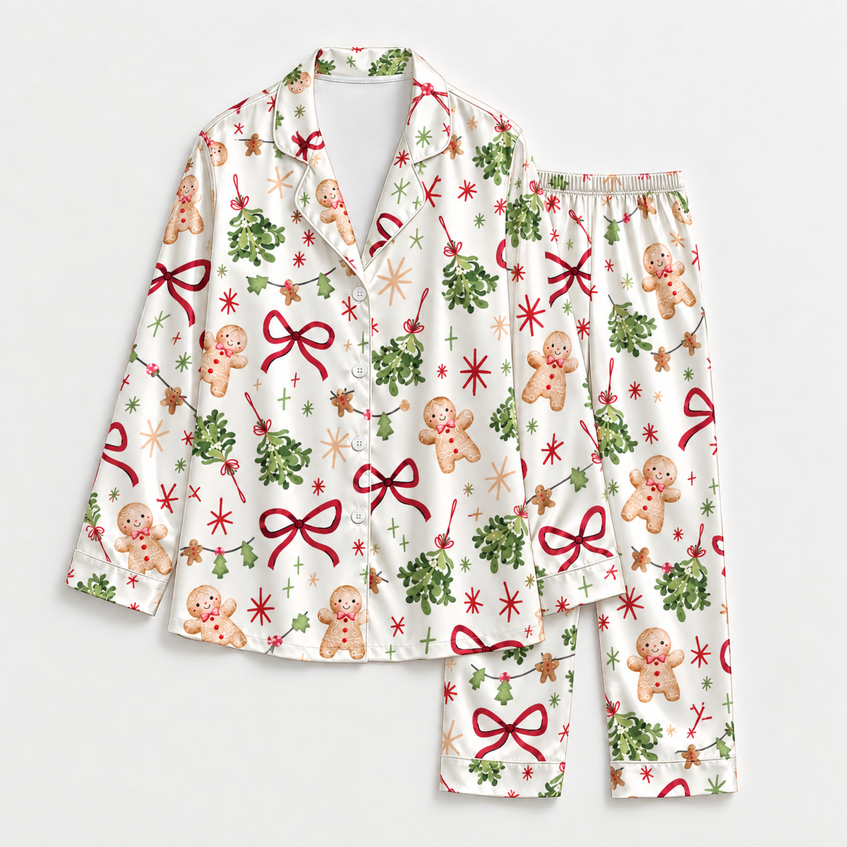 PJ-M2136-Christmas Gingerbread Satin Pajama Set with Mistletoe Red Bows Holly and Festive Holiday Pattern