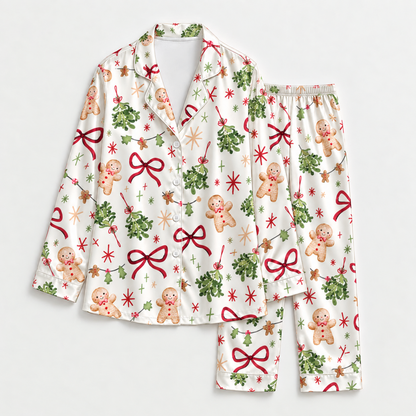 PJ-M2136-Christmas Gingerbread Satin Pajama Set with Mistletoe Red Bows Holly and Festive Holiday Pattern