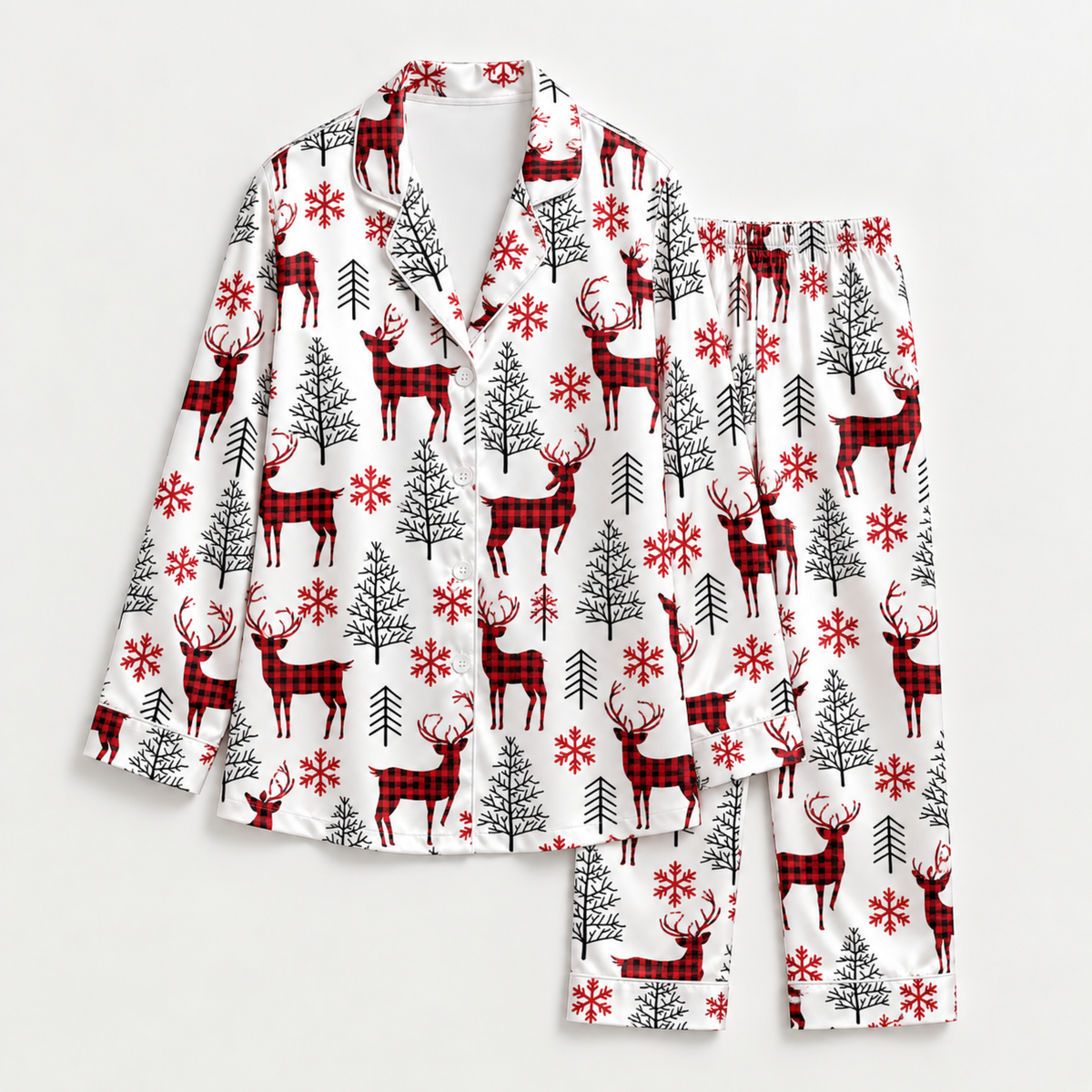 PJ-M2137-Christmas Reindeer Satin Pajama Set with Buffalo Plaid Deer Snowflakes Pine Trees and Festive Winter Pattern