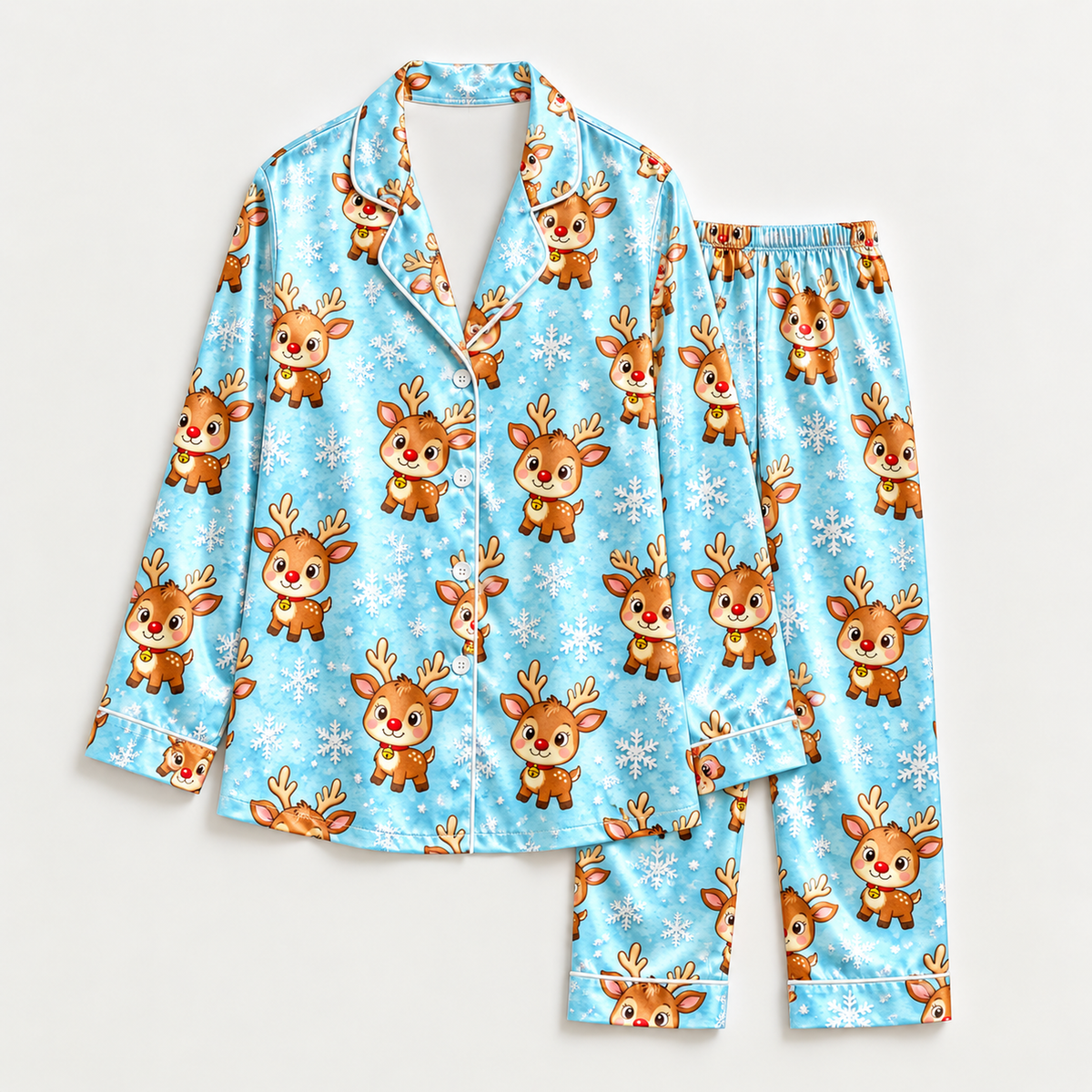 PJ-M2138-Christmas Reindeer Satin Pajama Set with Snowflakes and Playful Blue Winter Holiday Pattern