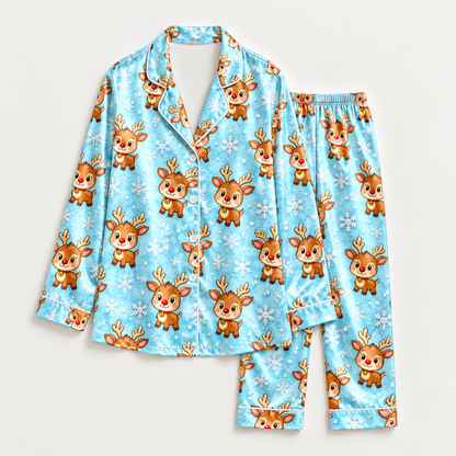 PJ-M2138-Christmas Reindeer Satin Pajama Set with Snowflakes and Playful Blue Winter Holiday Pattern
