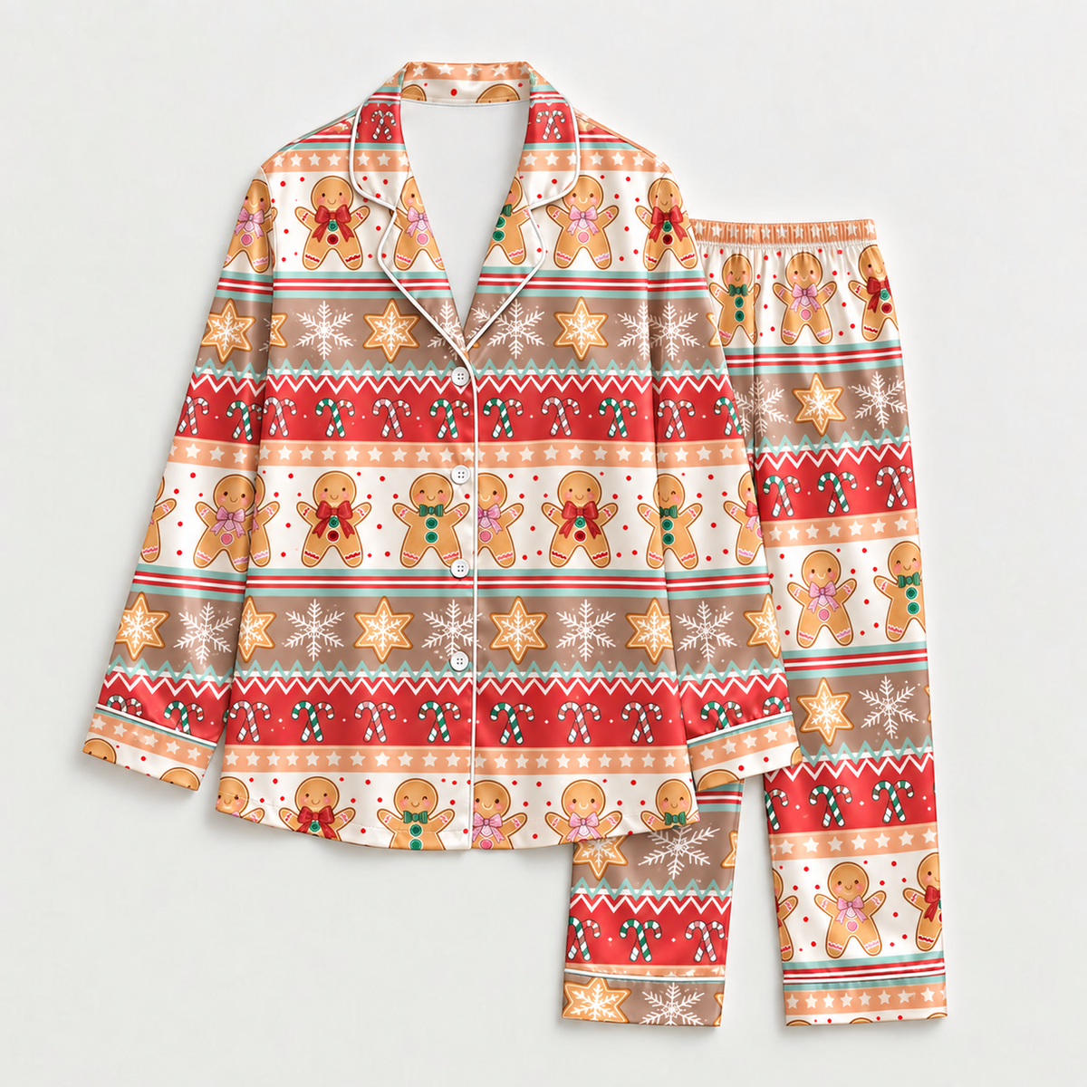 PJ-M2139-Gingerbread Christmas Satin Pajama Set with Cookies Snowflakes Stars and Festive Fair Isle Holiday Pattern