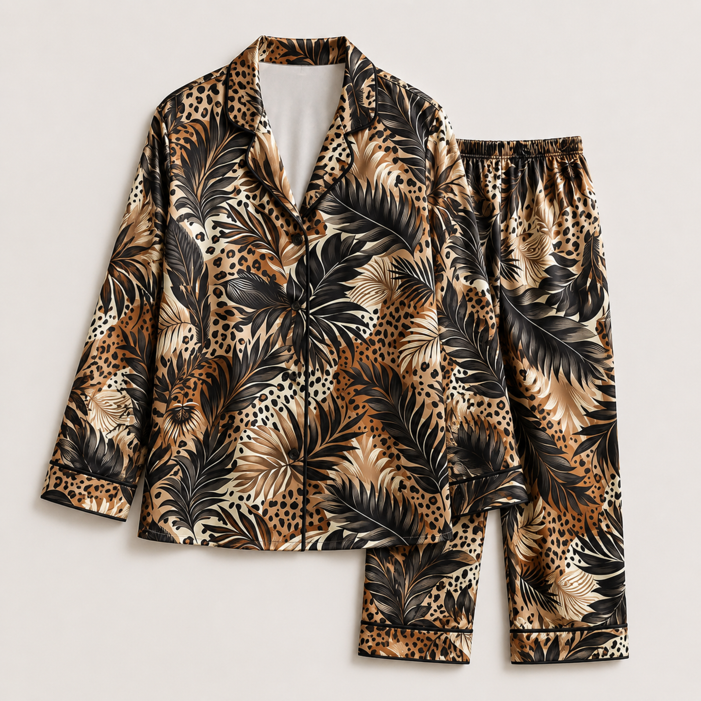 PJ-M214-Brown Poly Animal Pajama Apparel, Leaf Pattern Loungewear Sleepwear Collection Top Bottom Matching Clothing