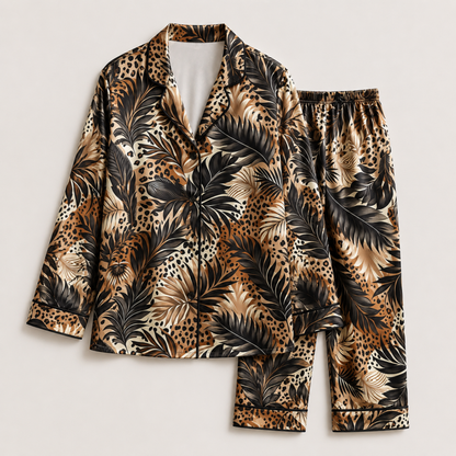 PJ-M214-Brown Poly Animal Pajama Apparel, Leaf Pattern Loungewear Sleepwear Collection Top Bottom Matching Clothing