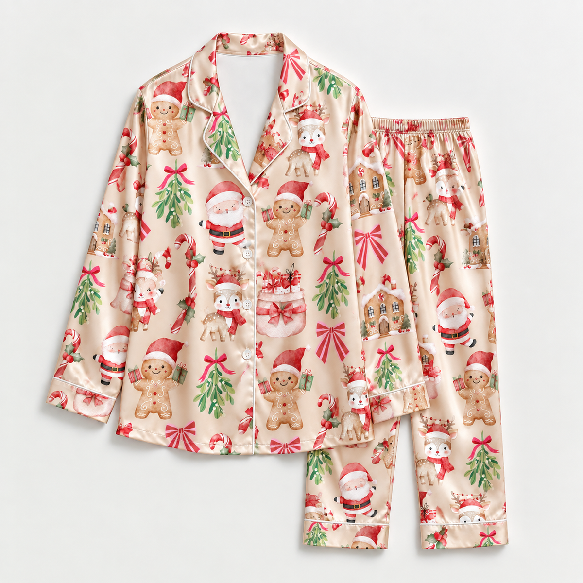 PJ-M2140-Santa Gingerbread Christmas Satin Pajama Set with Candy Canes Mistletoe Bows Gifts and Festive Holiday Pattern