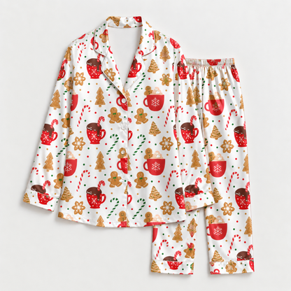 PJ-M2141-Gingerbread Christmas Satin Pajama Set with Cocoa Mugs Candy Canes Cookies and Festive Holiday Pattern