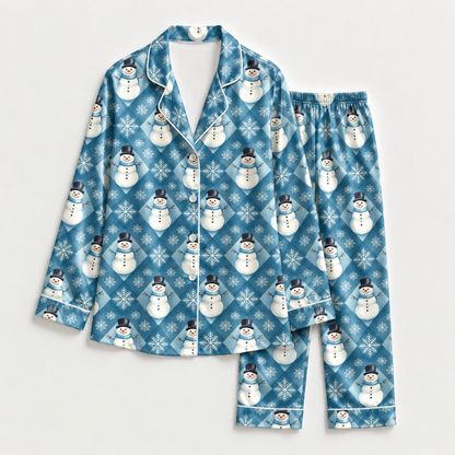 PJ-M2142-Snowman Christmas Satin Pajama Set with Snowflakes and Festive Blue Winter Holiday Pattern