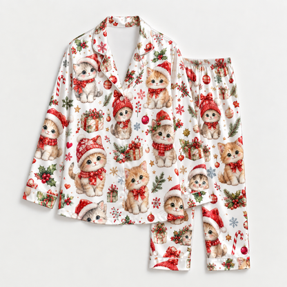 PJ-M2148-Christmas Kitten Satin Pajama Set, Santa Hat Cat Gift Snowflake Festive Holiday Sleepwear