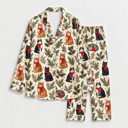 PJ-M2152-Christmas Cat Satin Pajama Set, Winter Kitty Holly Pine Branch Festive Holiday Sleepwear