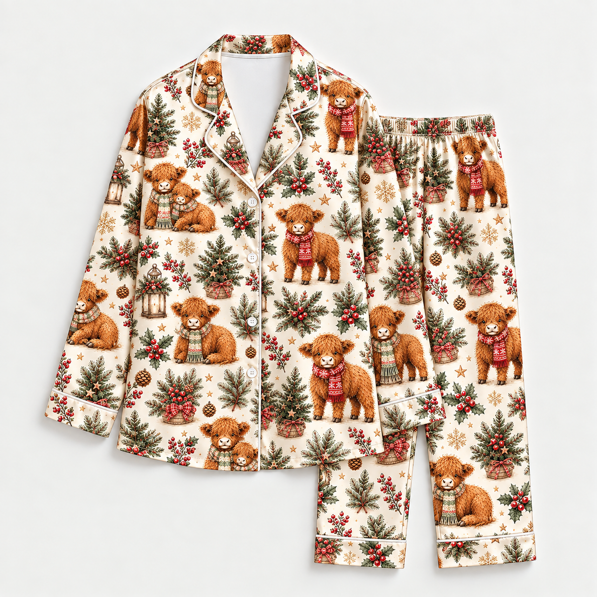 PJ-M2153-Christmas Teddy Bear Satin Pajama Set, Pine Tree Holly Pinecone Festive Holiday Sleepwear