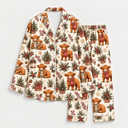 PJ-M2153-Christmas Teddy Bear Satin Pajama Set, Pine Tree Holly Pinecone Festive Holiday Sleepwear