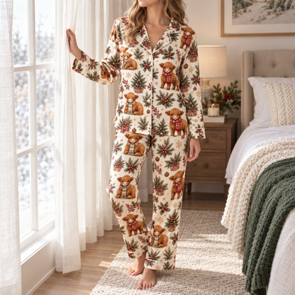 PJ-M2153-Christmas Teddy Bear Satin Pajama Set, Pine Tree Holly Pinecone Festive Holiday Sleepwear