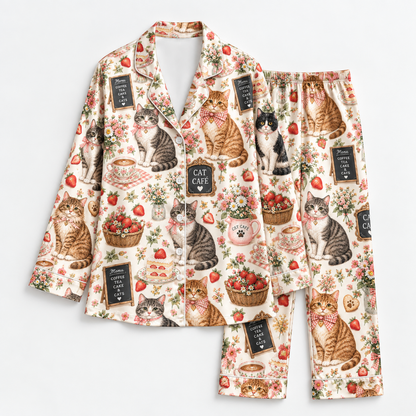 PJ-M2154-Cat Cafe Garden Satin Pajama Set, Strawberry Kitty Floral Tea Cozy Cottagecore Sleepwear