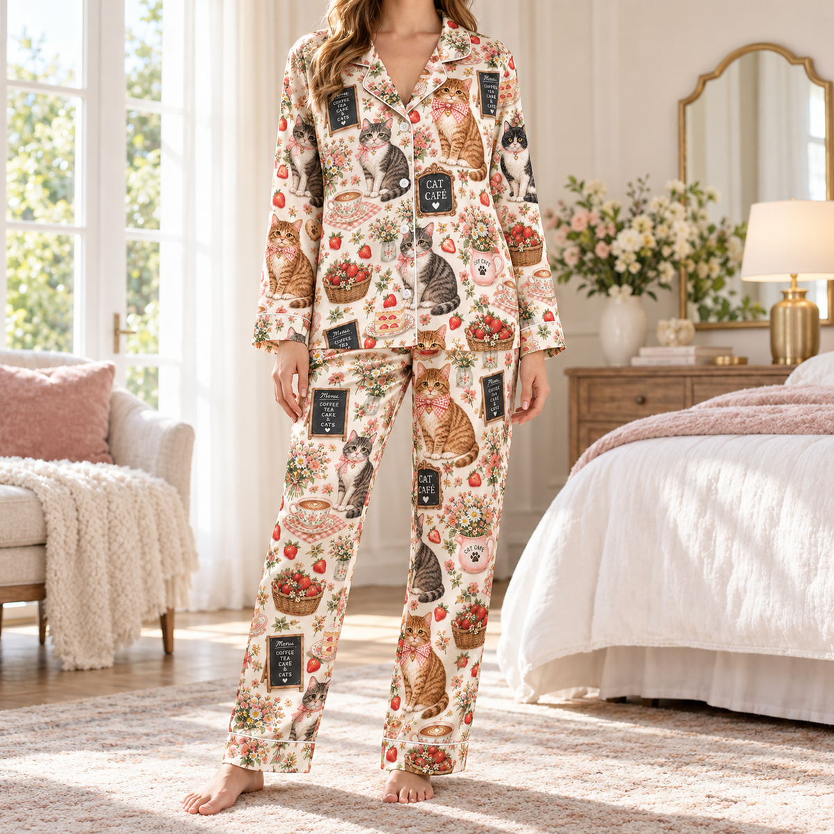 PJ-M2154-Cat Cafe Garden Satin Pajama Set, Strawberry Kitty Floral Tea Cozy Cottagecore Sleepwear