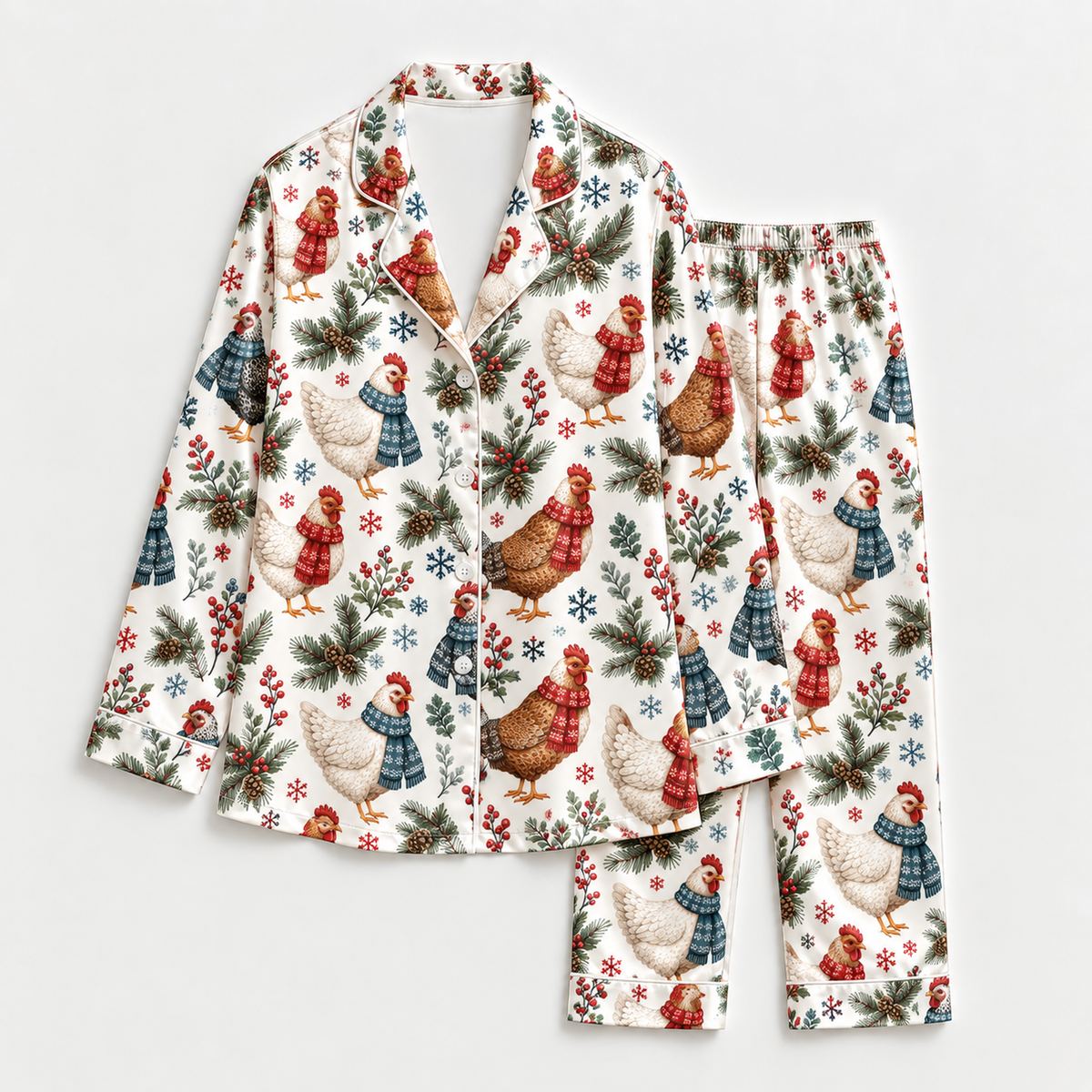 PJ-M2156-Christmas Chicken Satin Pajama Set, Winter Hen Pine Branch Snowflake Festive Holiday Sleepwear