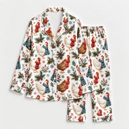 PJ-M2156-Christmas Chicken Satin Pajama Set, Winter Hen Pine Branch Snowflake Festive Holiday Sleepwear