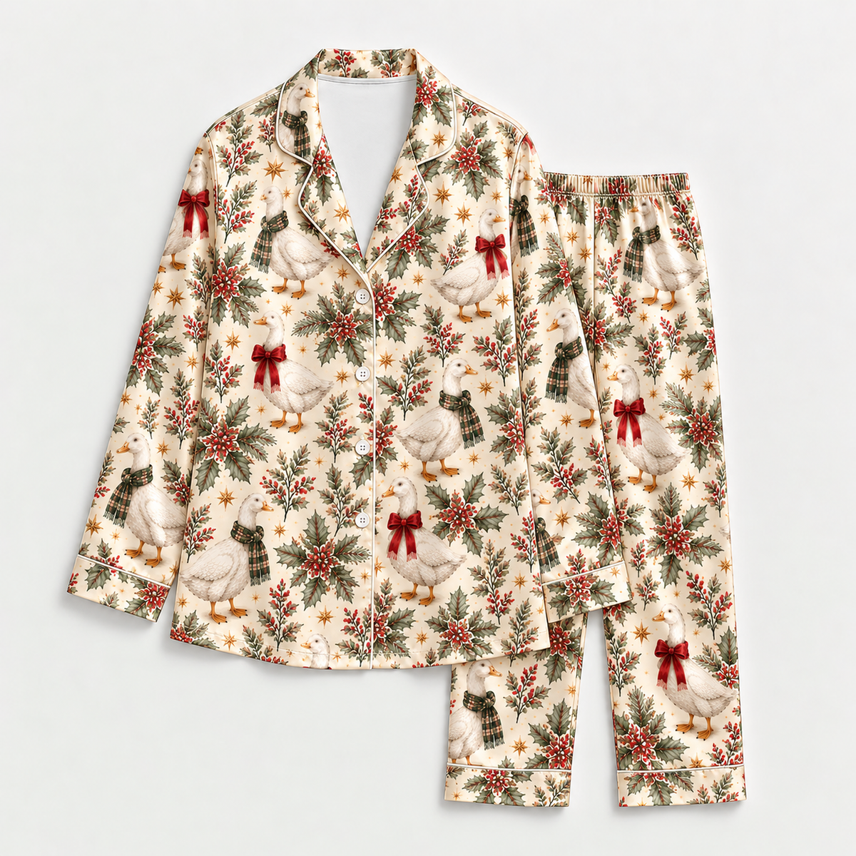 PJ-M2161-Christmas Goose Satin Pajama Set, Tartan Bow Holly Pine Branch Festive Holiday Sleepwear
