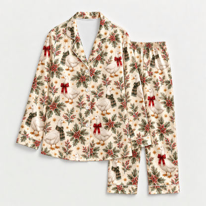 PJ-M2161-Christmas Goose Satin Pajama Set, Tartan Bow Holly Pine Branch Festive Holiday Sleepwear