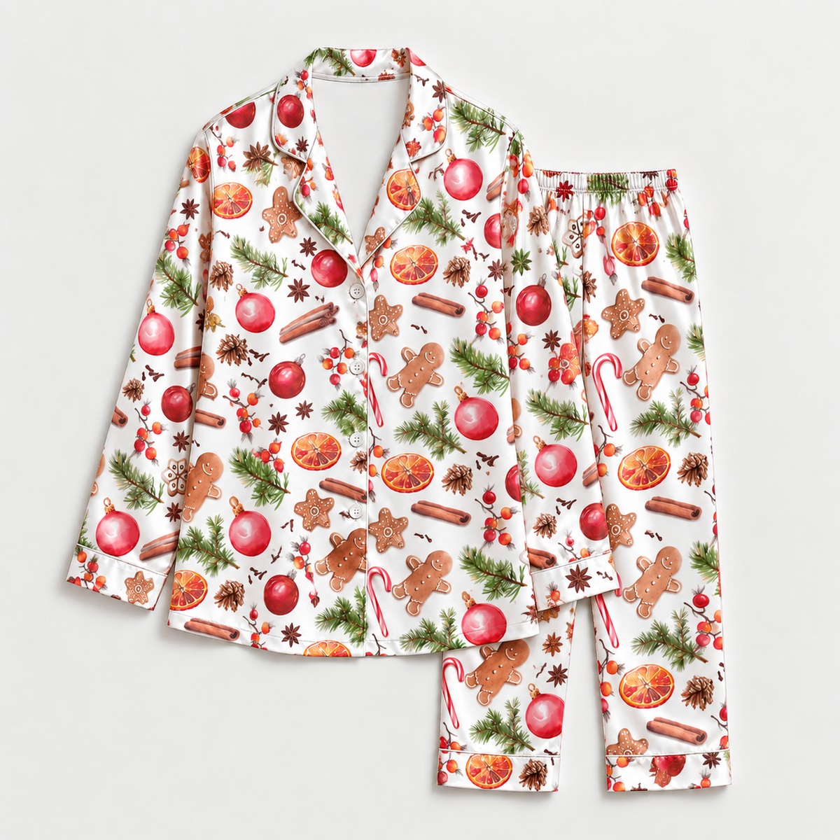 PJ-M2168-Gingerbread Christmas Satin Pajama Set, Orange Slice Candy Cane Pinecone Festive Holiday Sleepwear