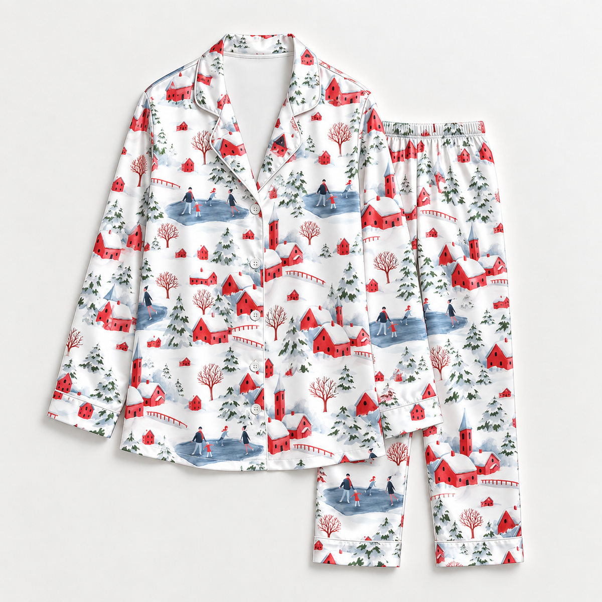 PJ-M2169-Winter Village Satin Pajama Set, Red Cabin Snowy Forest Ice Skating Christmas Sleepwear