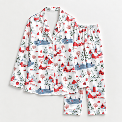 PJ-M2169-Winter Village Satin Pajama Set, Red Cabin Snowy Forest Ice Skating Christmas Sleepwear