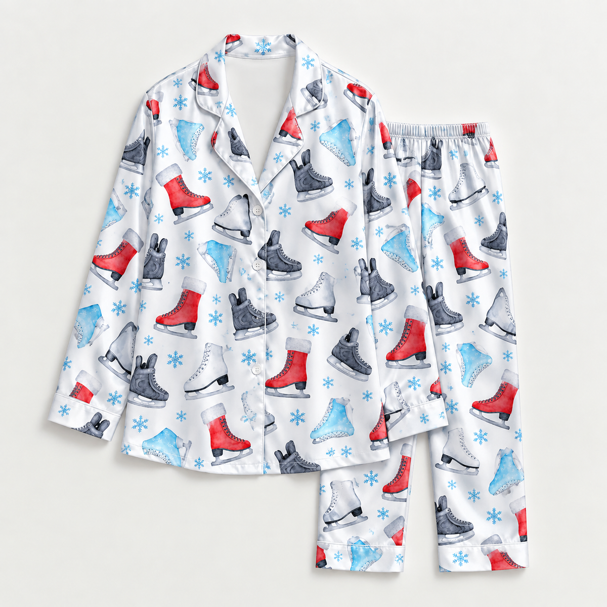 PJ-M2170-Ice Skating Satin Pajama Set, Colorful Skates Snowflake Winter Sports Holiday Sleepwear