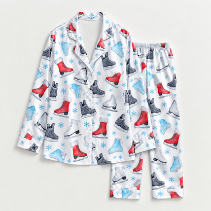 PJ-M2170-Ice Skating Satin Pajama Set, Colorful Skates Snowflake Winter Sports Holiday Sleepwear