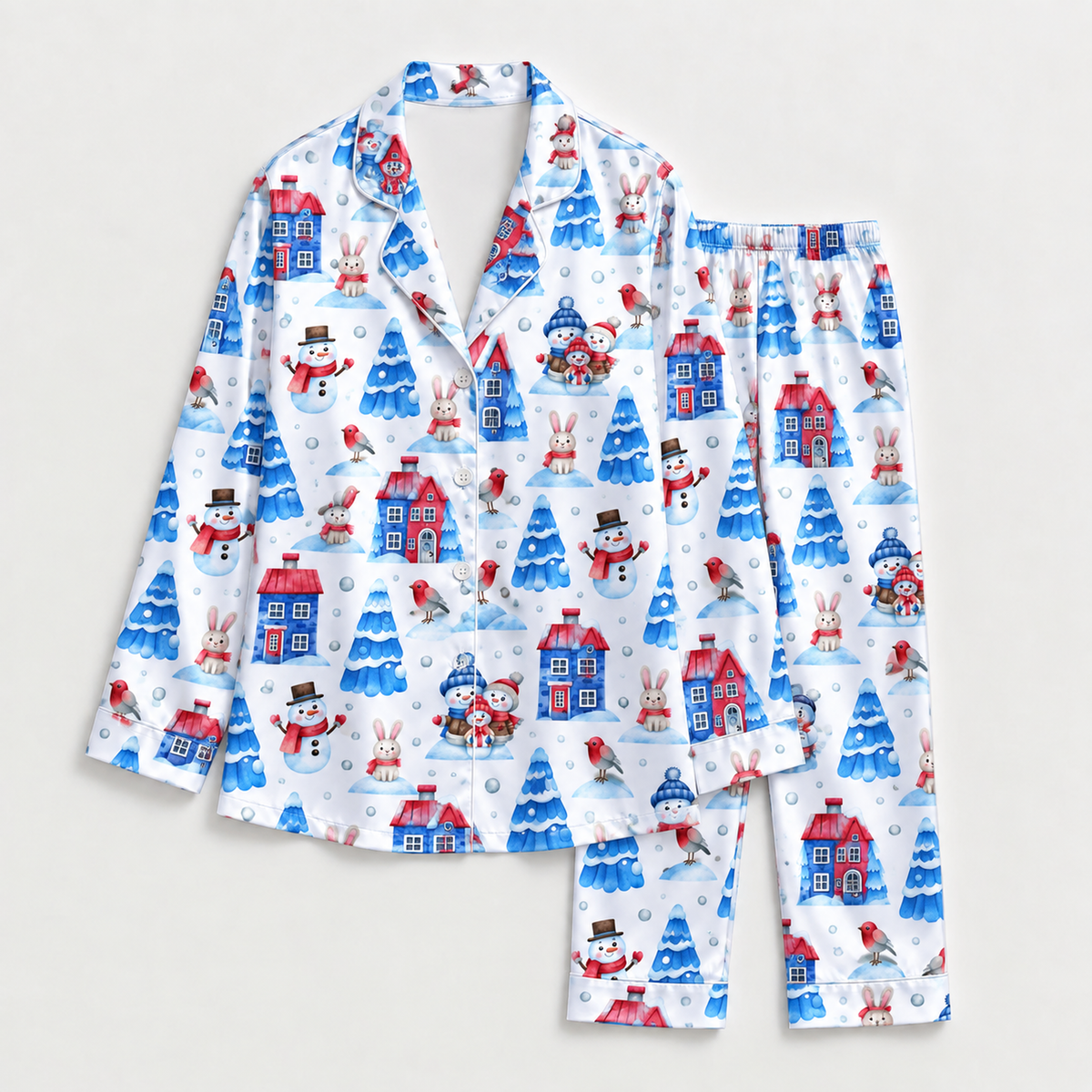 PJ-M2171-Snowman Winter Village Satin Pajama Set, Bunny Snowy Tree Cozy Christmas Holiday Sleepwear