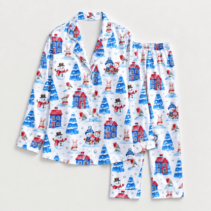 PJ-M2171-Snowman Winter Village Satin Pajama Set, Bunny Snowy Tree Cozy Christmas Holiday Sleepwear