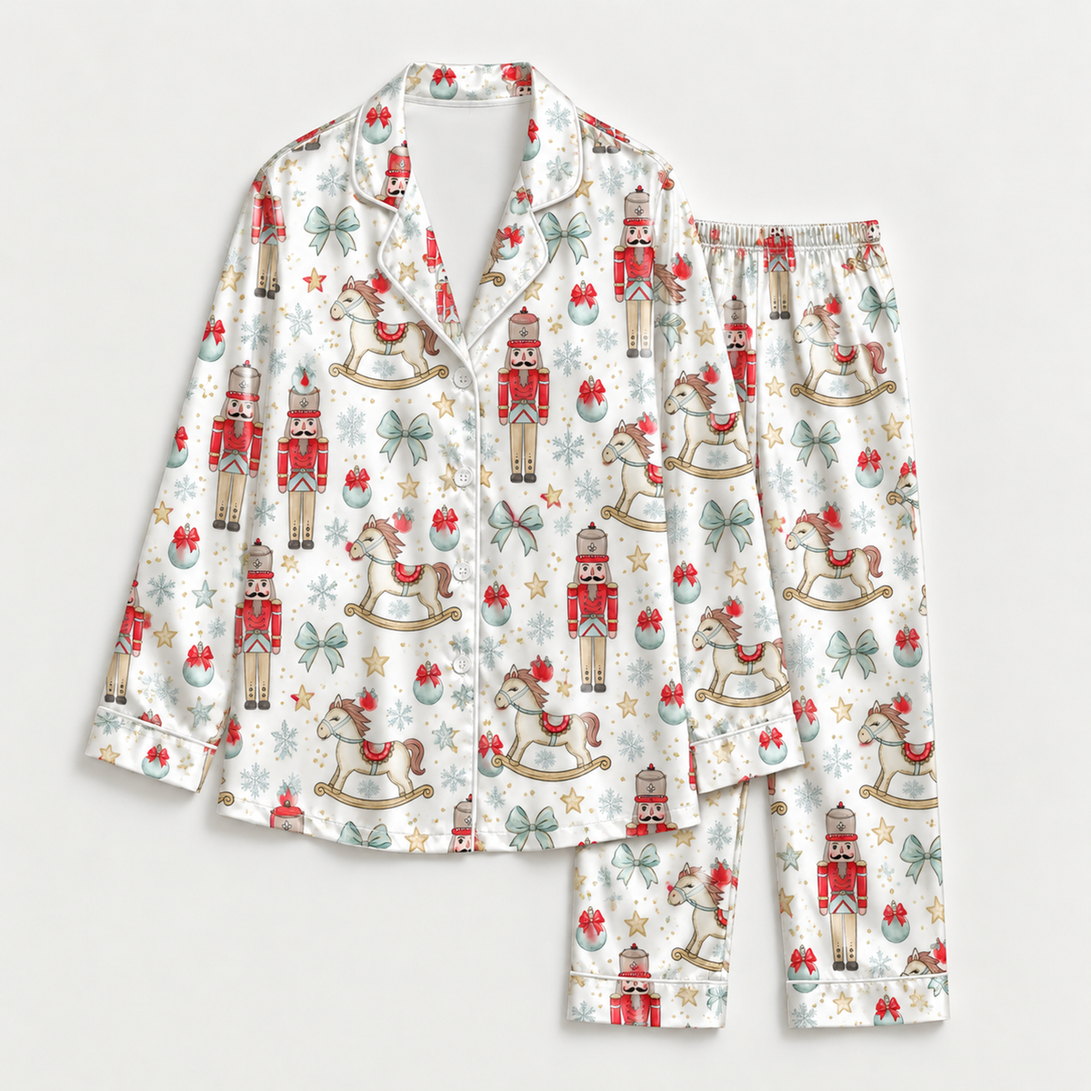 PJ-M2173-Nutcracker Rocking Horse Satin Pajama Set, Christmas Ornament Bow Snowflake Festive Holiday Sleepwear