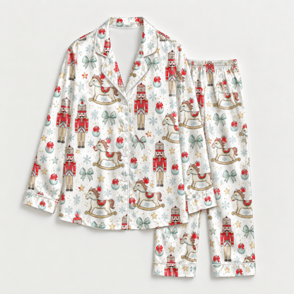 PJ-M2173-Nutcracker Rocking Horse Satin Pajama Set, Christmas Ornament Bow Snowflake Festive Holiday Sleepwear