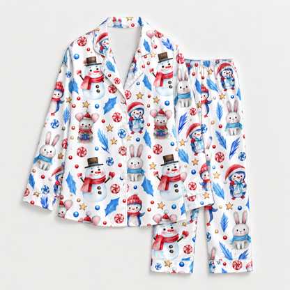 PJ-M2174-Snowman Bunny Christmas Satin Pajama Set, Penguin Candy Cane Winter Festive Holiday Sleepwear