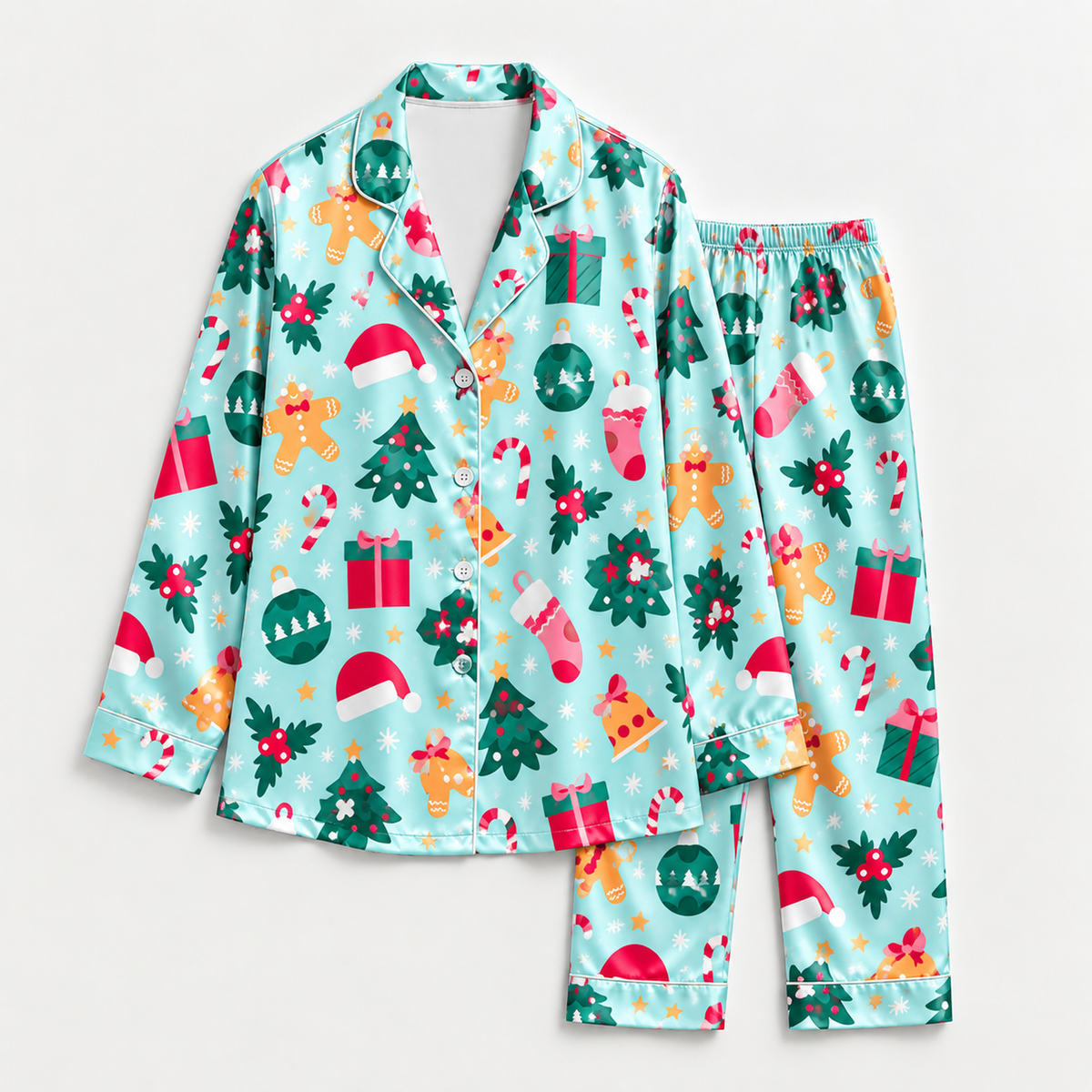 PJ-M2176-Mint Christmas Wonderland Satin Pajama Set, Festive Holiday Ornaments and Gingerbread Sleepwear