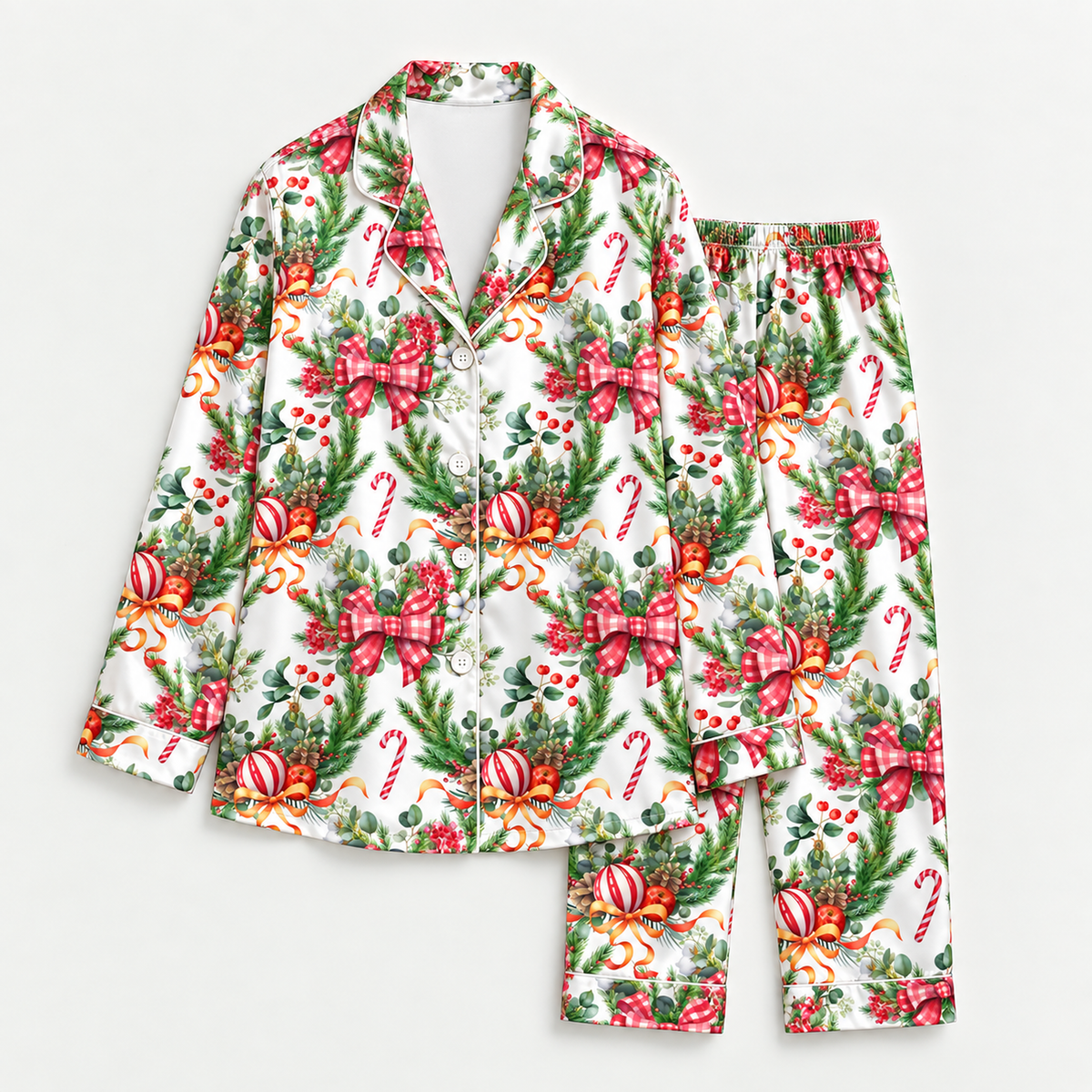 PJ-M2177-Christmas Bow Satin Pajama Set, Candy Cane Holly Pine Ornament Festive Holiday Sleepwear