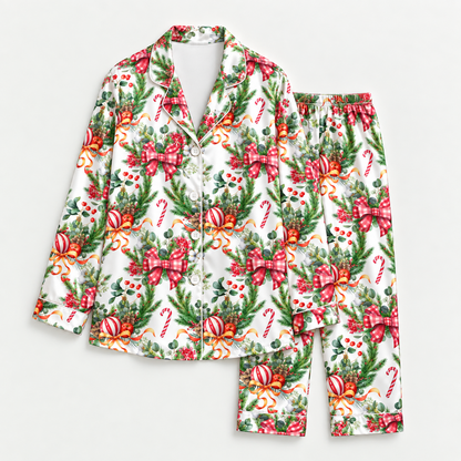PJ-M2177-Christmas Bow Satin Pajama Set, Candy Cane Holly Pine Ornament Festive Holiday Sleepwear