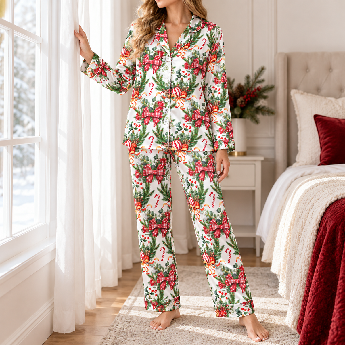 PJ-M2177-Christmas Bow Satin Pajama Set, Candy Cane Holly Pine Ornament Festive Holiday Sleepwear