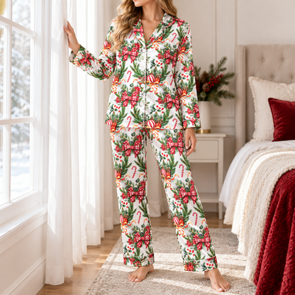 PJ-M2177-Christmas Bow Satin Pajama Set, Candy Cane Holly Pine Ornament Festive Holiday Sleepwear