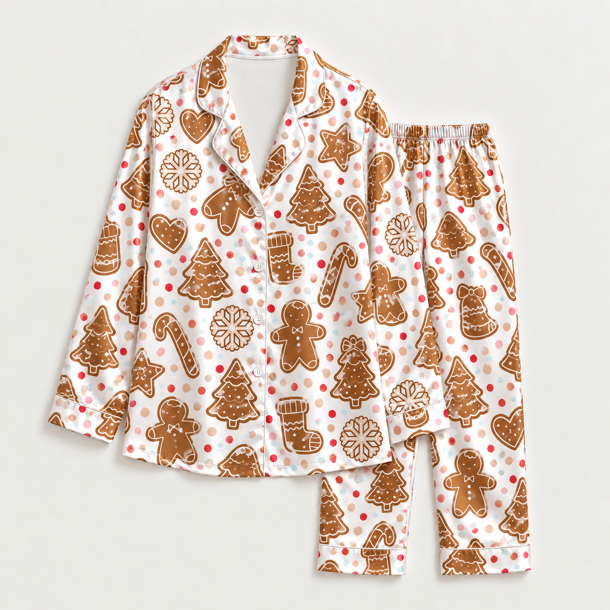 PJ-M2178-Gingerbread Christmas Satin Pajama Set, Cookie Tree Candy Cane Festive Holiday Sleepwear