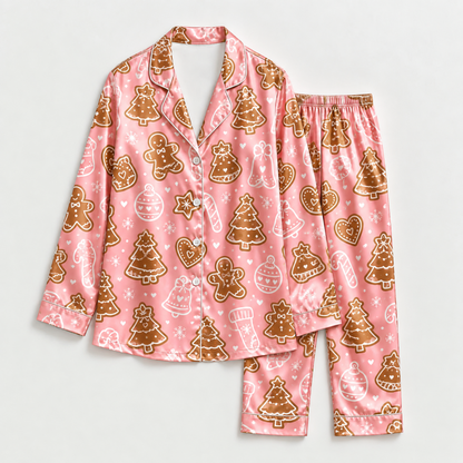 PJ-M2179-Pink Gingerbread Christmas Satin Pajama Set, Cookie Tree Ornament Festive Holiday Sleepwear