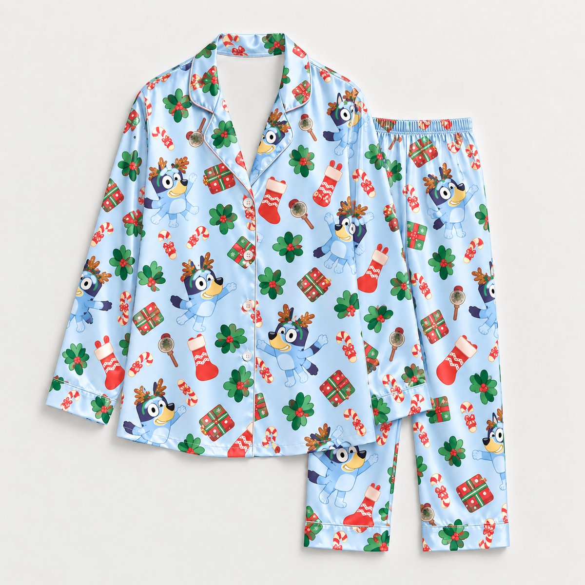 PJ-M2180-Bluey Christmas Reindeer Satin Pajama Set, Festive Cartoon Holiday Sleepwear Gift