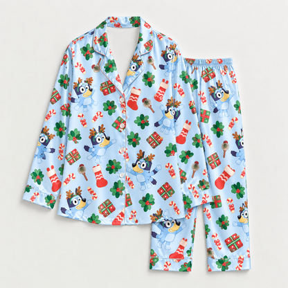 PJ-M2180-Bluey Christmas Reindeer Satin Pajama Set, Festive Cartoon Holiday Sleepwear Gift