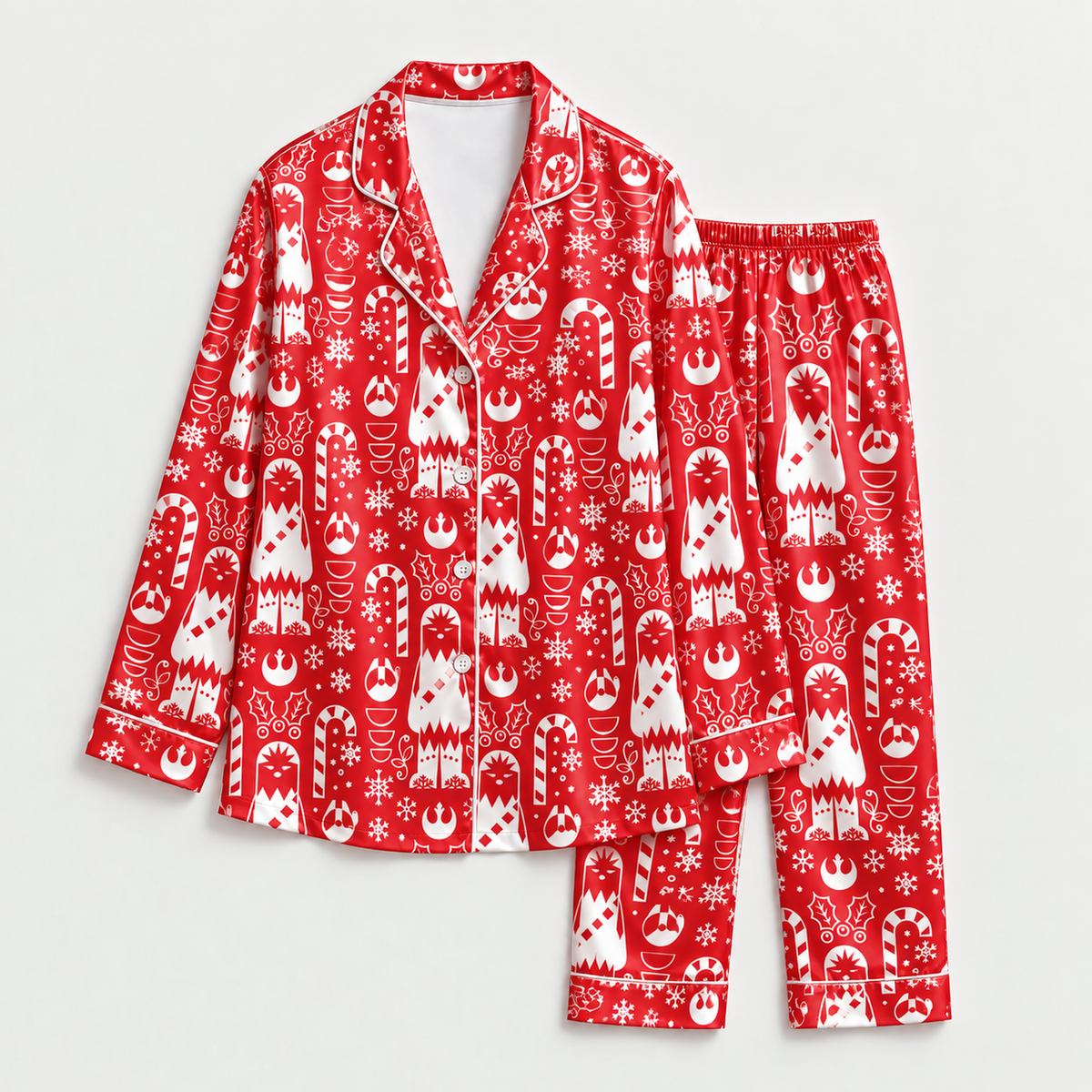 PJ-M2181-Red Holiday Space Satin Pajama Set, Candy Cane Snowflake Winter Festive Christmas Sleepwear