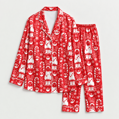 PJ-M2181-Red Holiday Space Satin Pajama Set, Candy Cane Snowflake Winter Festive Christmas Sleepwear