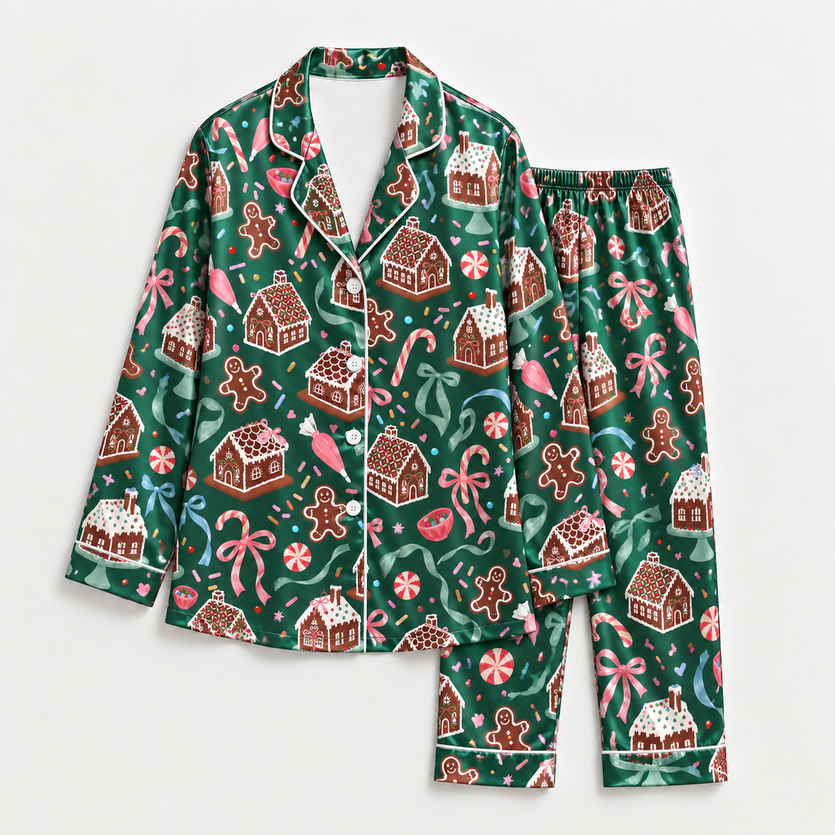 PJ-M2183-Gingerbread Christmas Satin Pajama Set, Candy Cane Gingerbread House Peppermint Festive Holiday Sleepwear